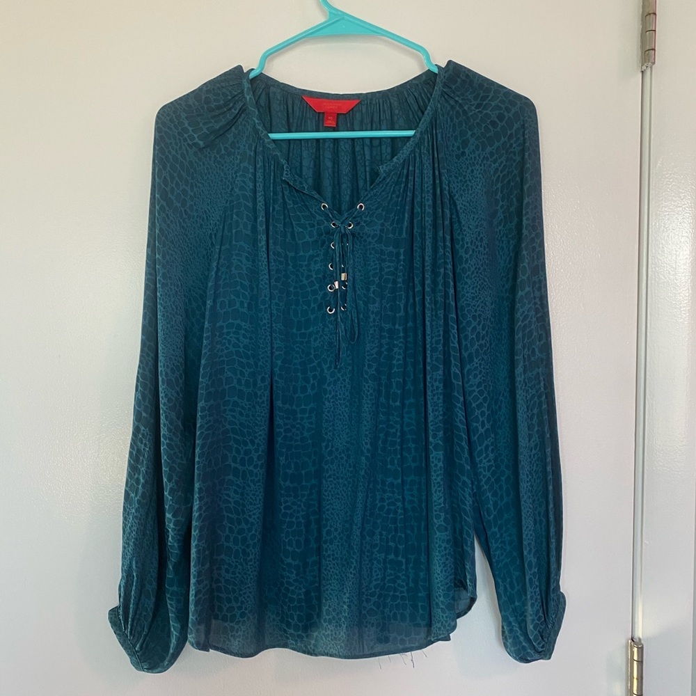 Jennifer Lopez teal green lace up dressy blouse XS